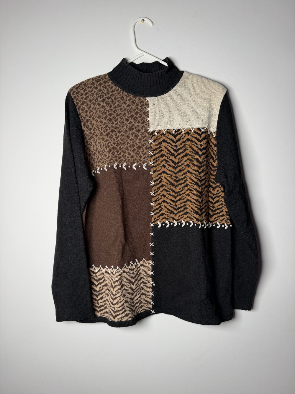 TanJay Patchwork Cowl Neck Sweater in Black, Brown and Cream Women’s Medium